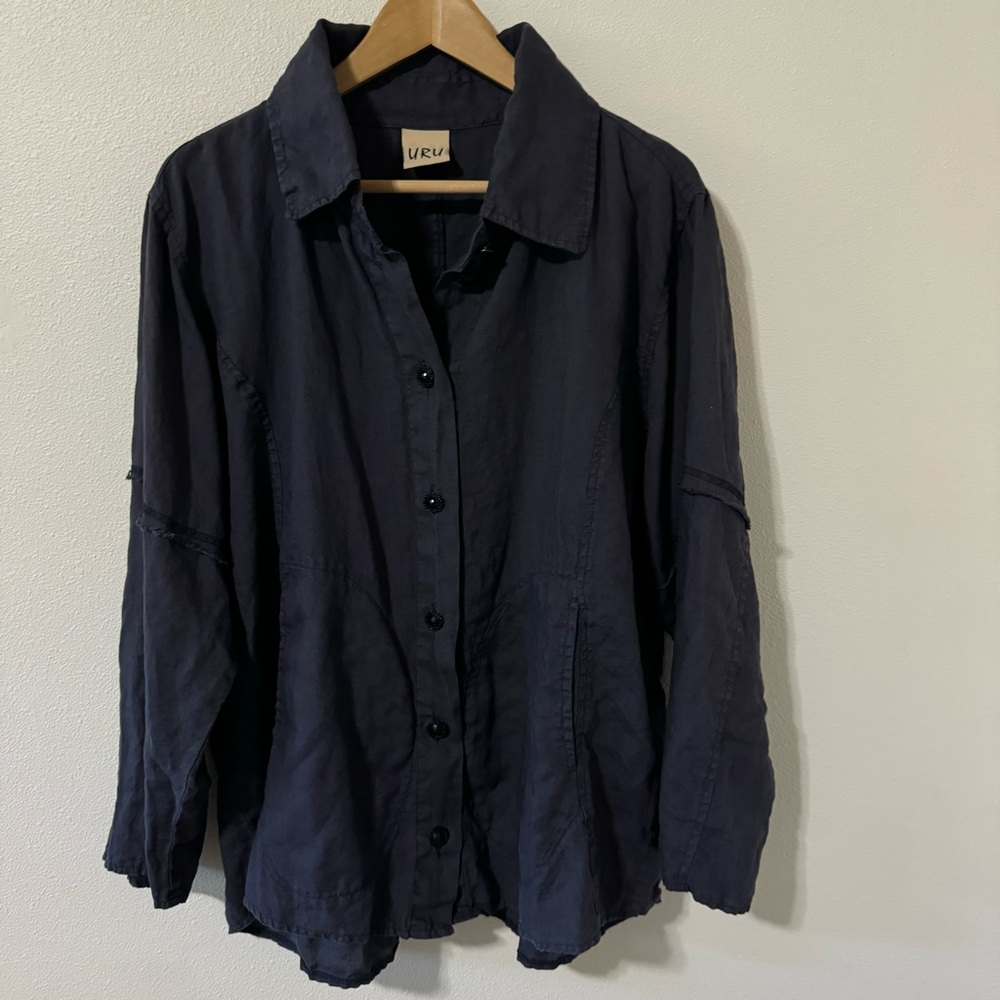 URU Lagenlook Linen Overshirt Shacket Navy Floral Button Front Boxy X-Large